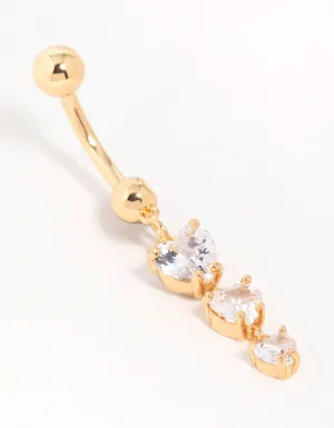 Gold Plated Surgical Steel Cubic Zirconia Triple Heart Belly Bar