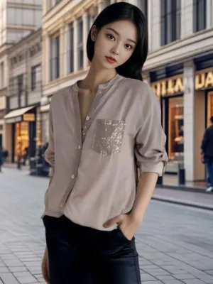 Gold Sequin Shirt with Pocket Detailing