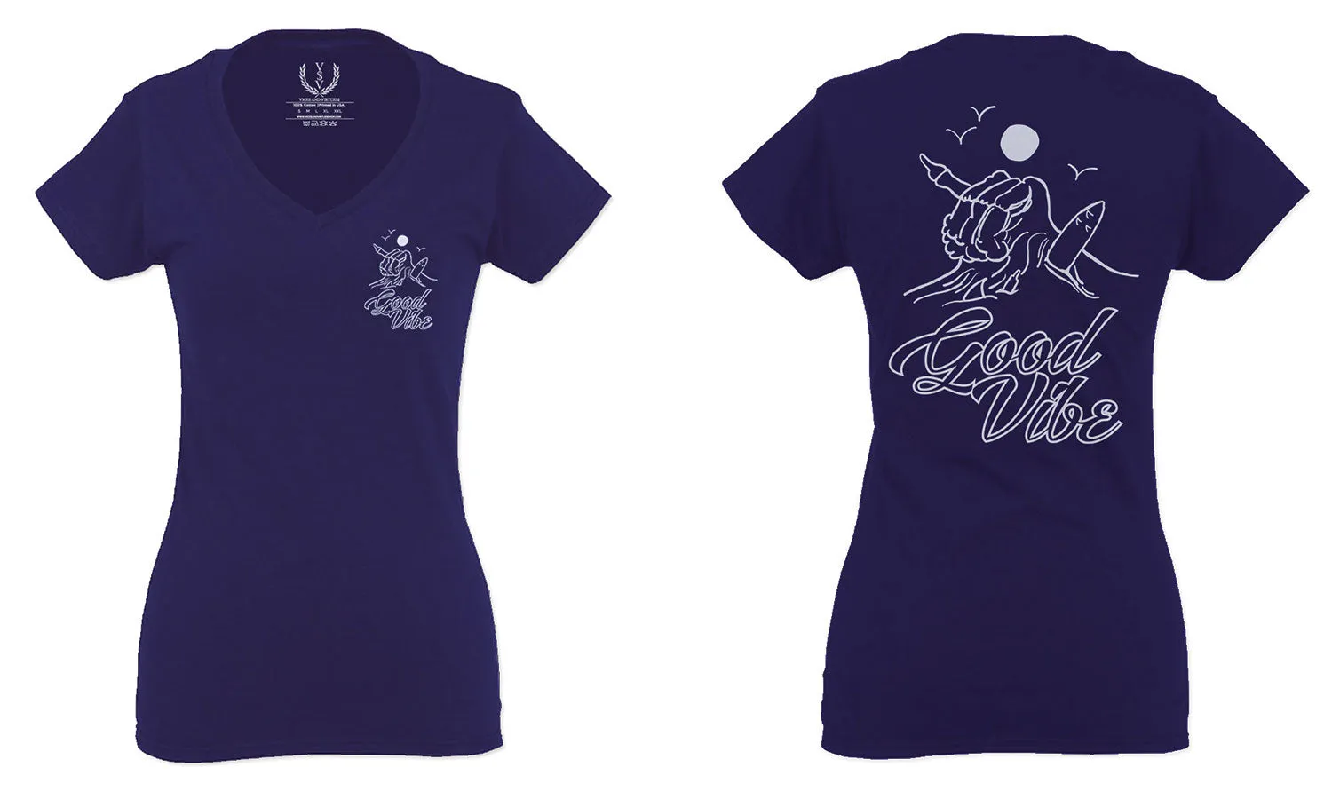 Good Vibe Bones Hand Shaka Cool Summer surf Beach For Women V neck fitted T Shirt