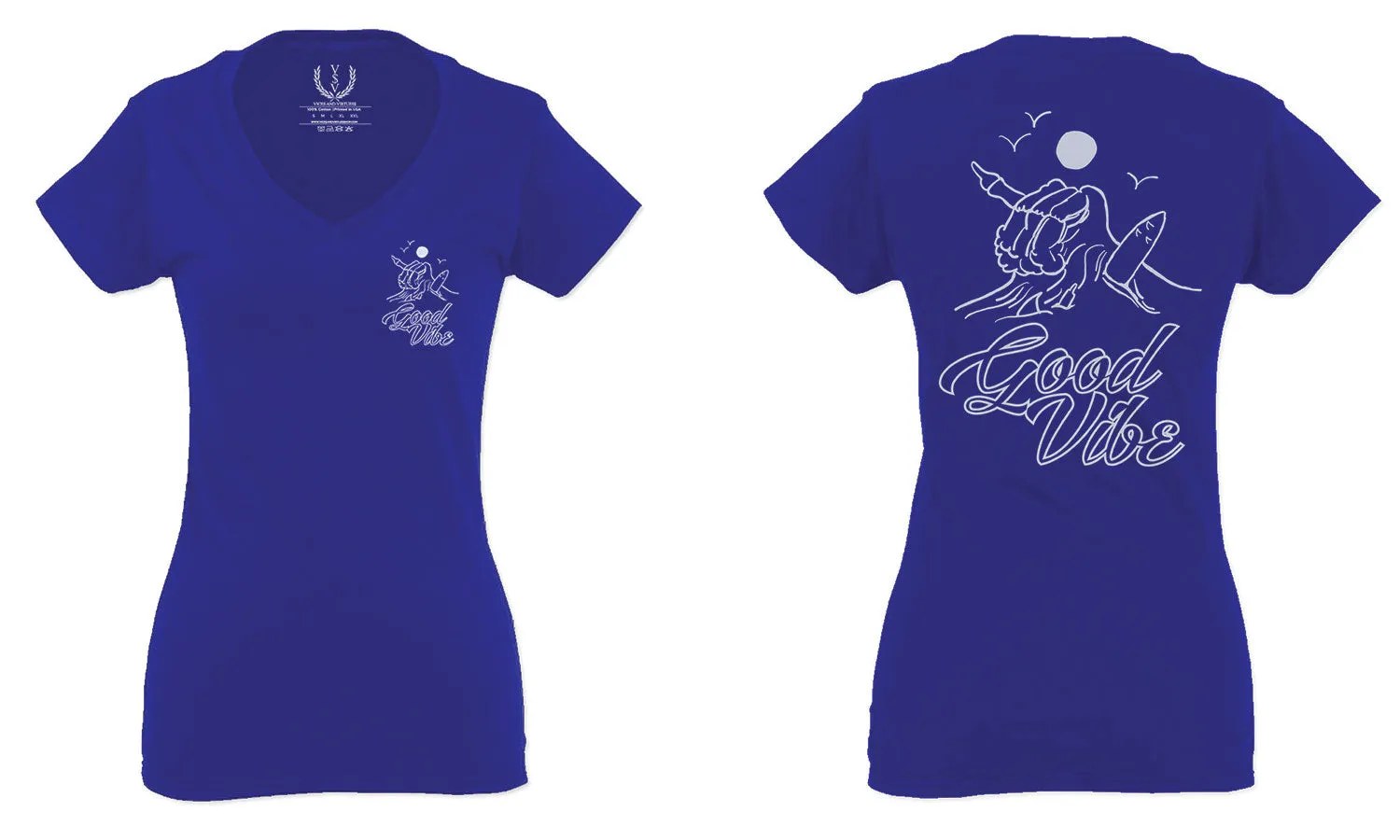 Good Vibe Bones Hand Shaka Cool Summer surf Beach For Women V neck fitted T Shirt