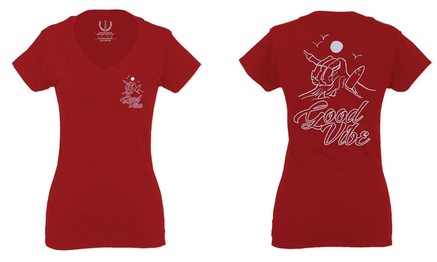 Good Vibe Bones Hand Shaka Cool Summer surf Beach For Women V neck fitted T Shirt