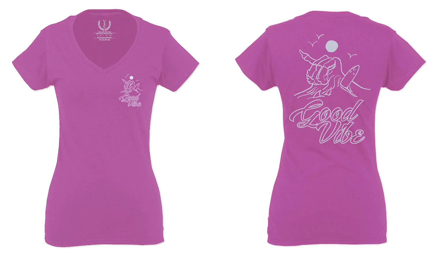 Good Vibe Bones Hand Shaka Cool Summer surf Beach For Women V neck fitted T Shirt