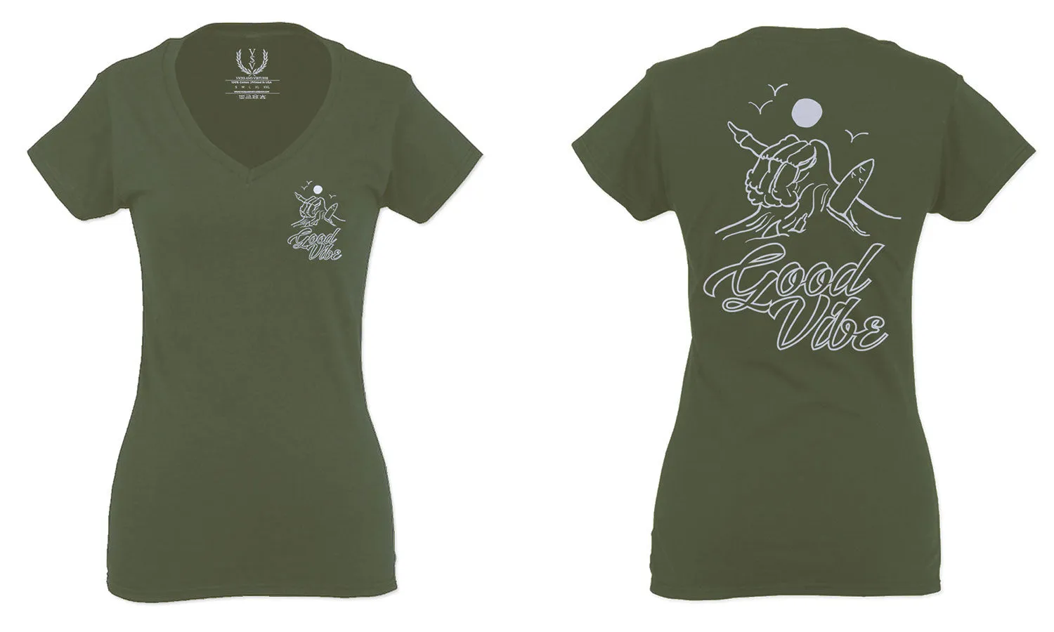 Good Vibe Bones Hand Shaka Cool Summer surf Beach For Women V neck fitted T Shirt