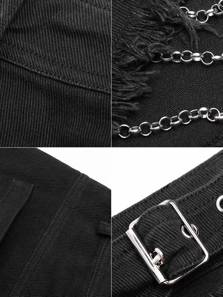 Goth Ripped Denim Shorts With Metal Chains