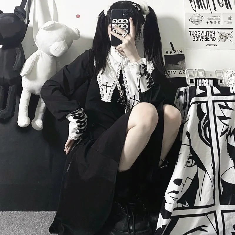 GOTHIC BLACK WHITE LACE STITCHING LACE DRESS UB2730
