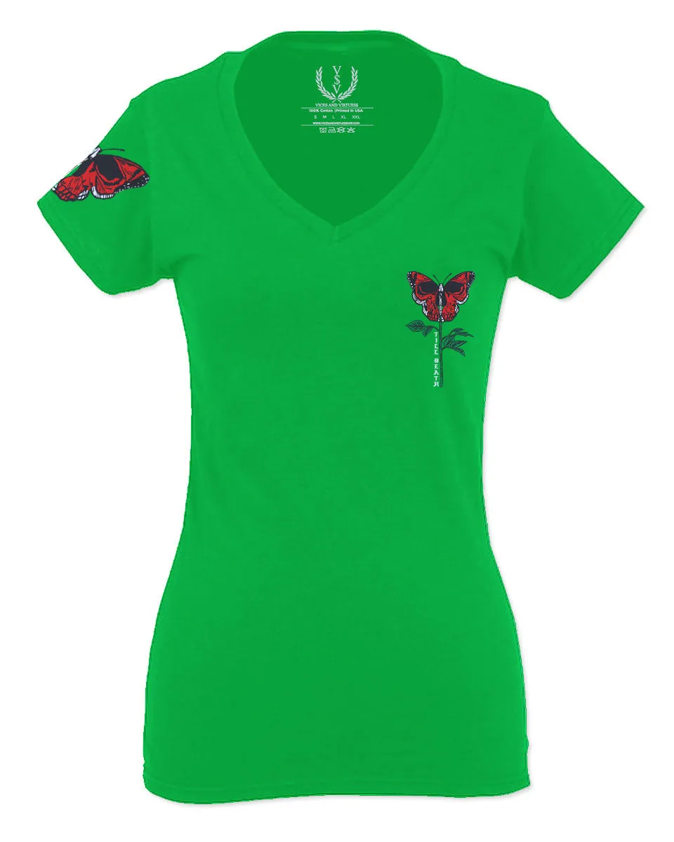 Graphic Cool Till Death Flower Skull Primitives Butterfly Vibes Floral For Women V neck fitted T Shirt