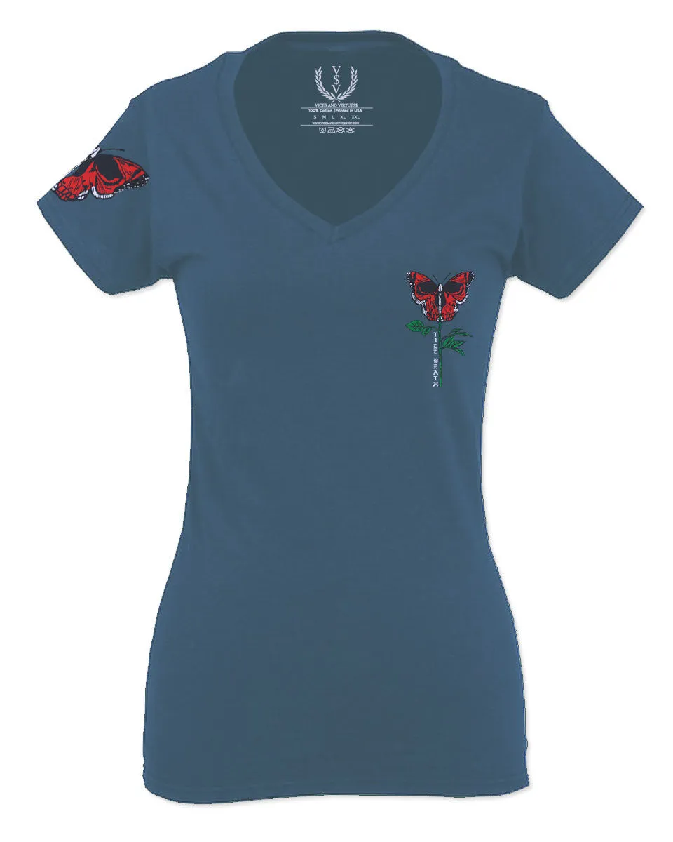 Graphic Cool Till Death Flower Skull Primitives Butterfly Vibes Floral For Women V neck fitted T Shirt