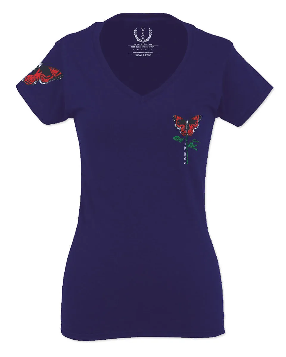Graphic Cool Till Death Flower Skull Primitives Butterfly Vibes Floral For Women V neck fitted T Shirt