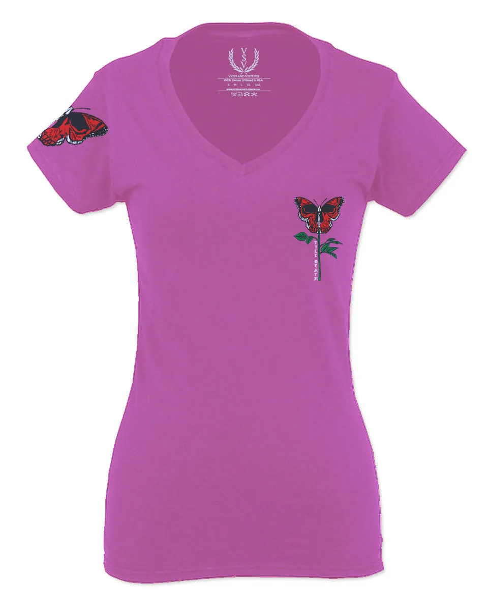 Graphic Cool Till Death Flower Skull Primitives Butterfly Vibes Floral For Women V neck fitted T Shirt