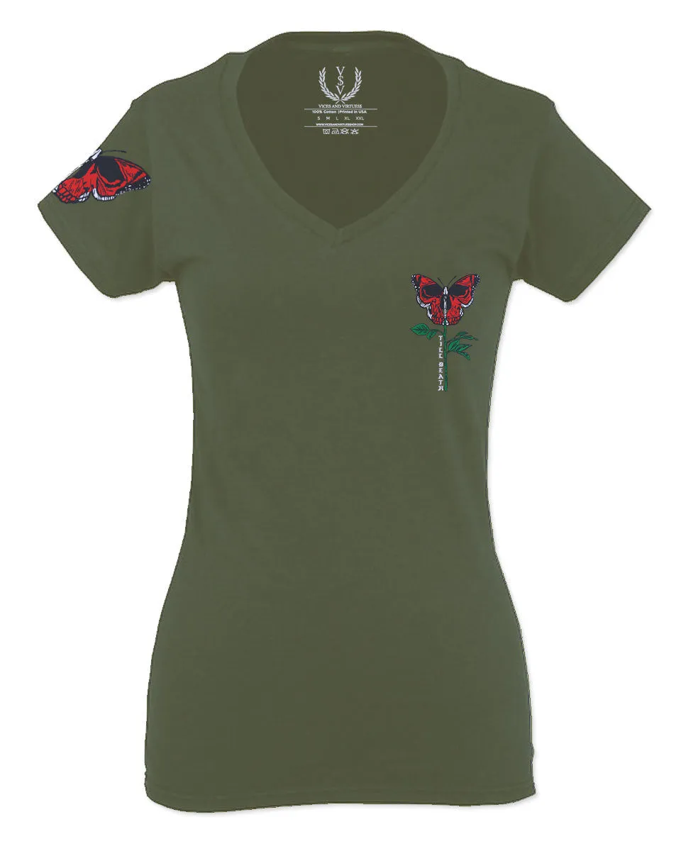 Graphic Cool Till Death Flower Skull Primitives Butterfly Vibes Floral For Women V neck fitted T Shirt