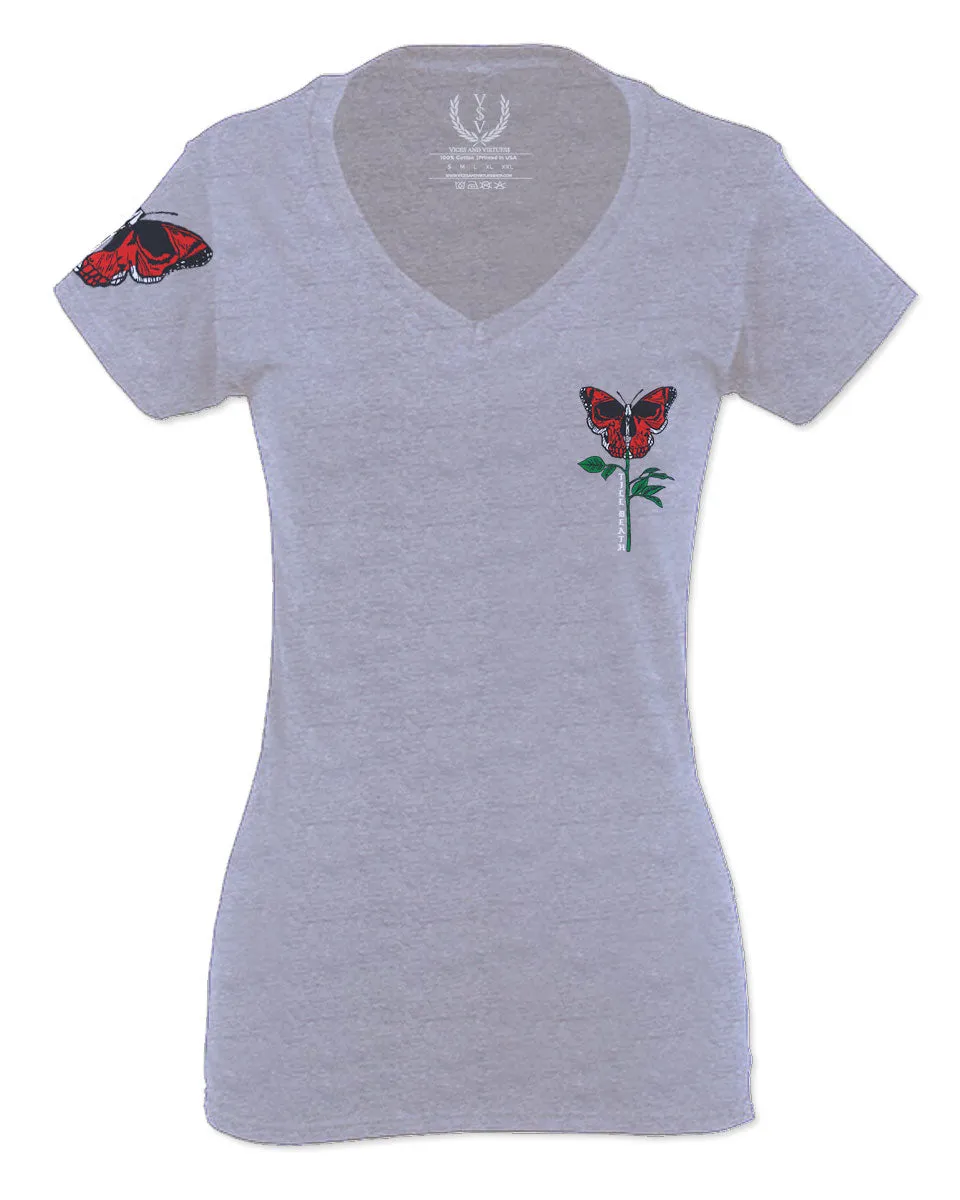 Graphic Cool Till Death Flower Skull Primitives Butterfly Vibes Floral For Women V neck fitted T Shirt