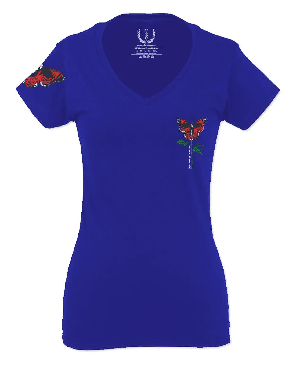 Graphic Cool Till Death Flower Skull Primitives Butterfly Vibes Floral For Women V neck fitted T Shirt