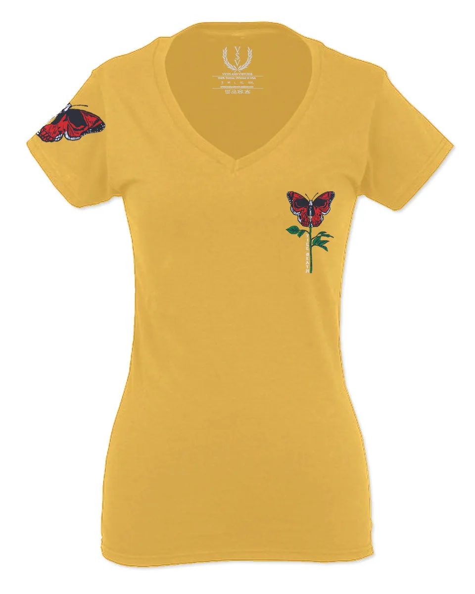 Graphic Cool Till Death Flower Skull Primitives Butterfly Vibes Floral For Women V neck fitted T Shirt