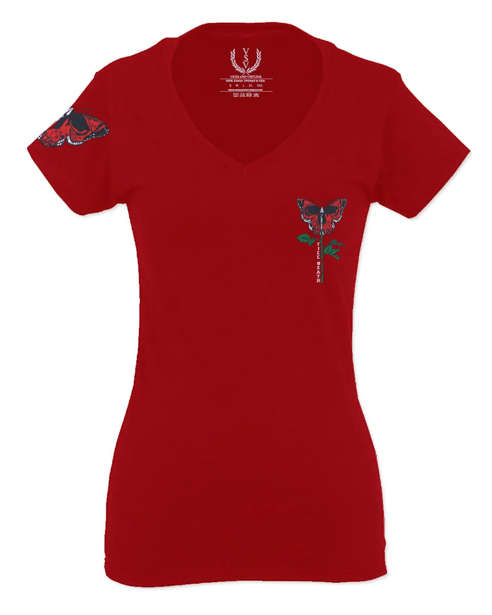 Graphic Cool Till Death Flower Skull Primitives Butterfly Vibes Floral For Women V neck fitted T Shirt