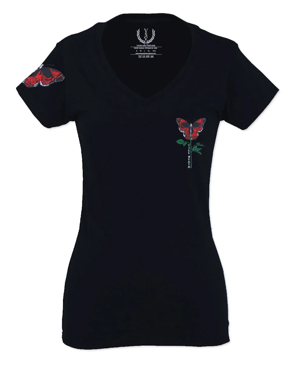 Graphic Cool Till Death Flower Skull Primitives Butterfly Vibes Floral For Women V neck fitted T Shirt