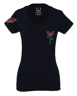 Graphic Cool Till Death Flower Skull Primitives Butterfly Vibes Floral For Women V neck fitted T Shirt