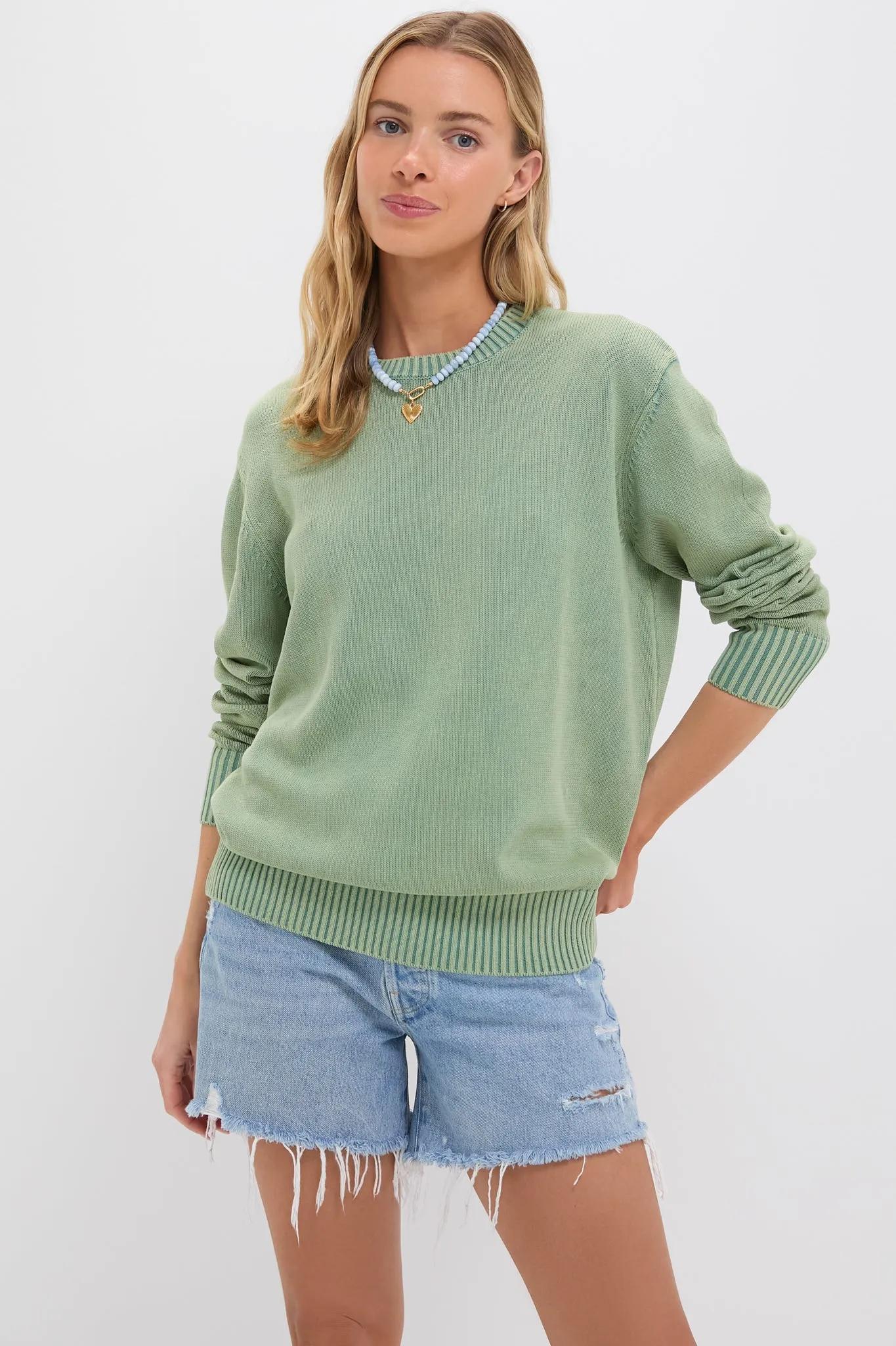 Green Stone Washed Cotton Anne Crewneck Sweater