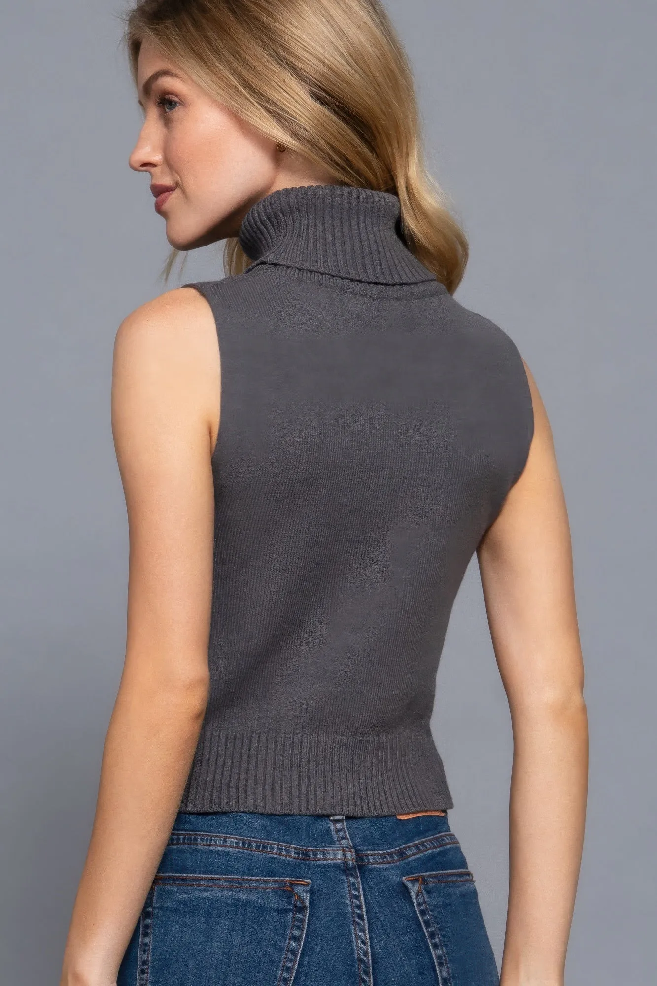 Grey Sleeveless Turtle Neck Sweater Top