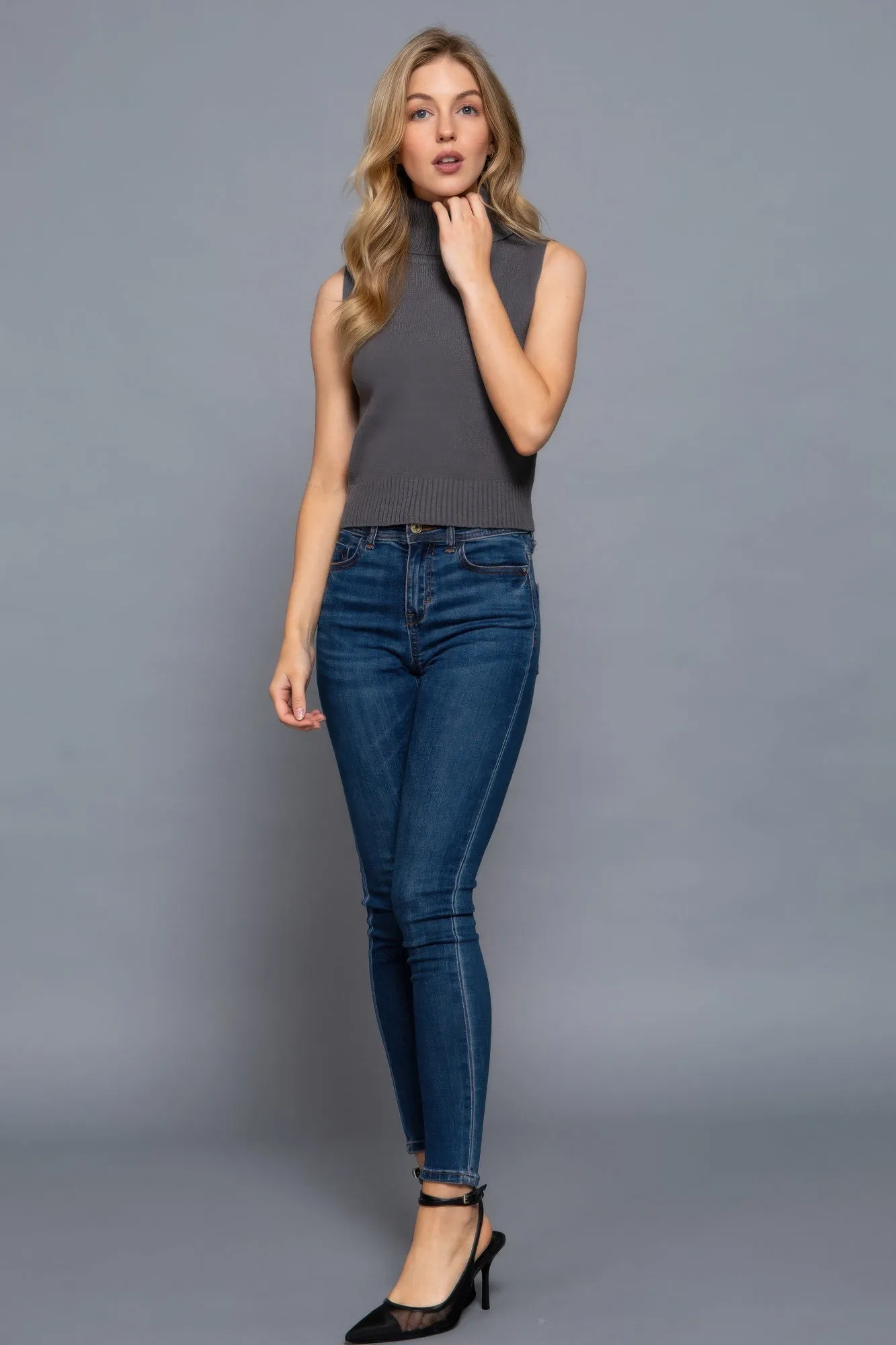Grey Sleeveless Turtle Neck Sweater Top