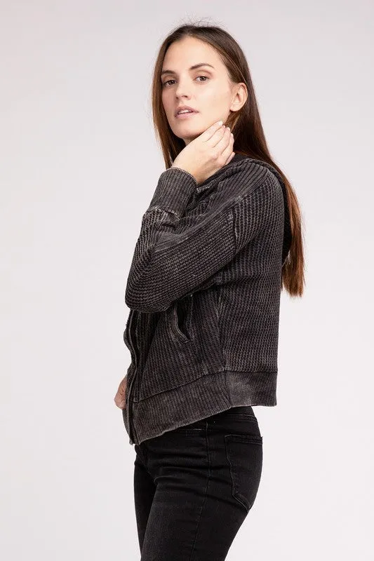 Hanna Acid Wash Hooded Jacket – Waffle Knit, Zip-Up, Casual Style