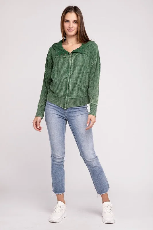 Hanna Acid Wash Hooded Jacket – Waffle Knit, Zip-Up, Casual Style