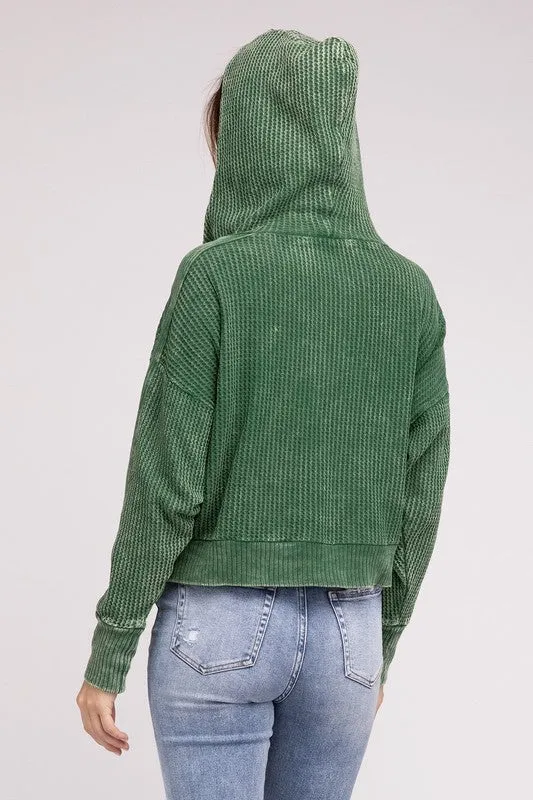 Hanna Acid Wash Hooded Jacket – Waffle Knit, Zip-Up, Casual Style