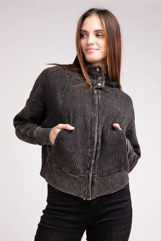 Hanna Acid Wash Hooded Jacket – Waffle Knit, Zip-Up, Casual Style