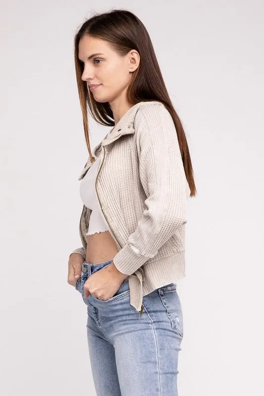Hanna Acid Wash Hooded Jacket – Waffle Knit, Zip-Up, Casual Style