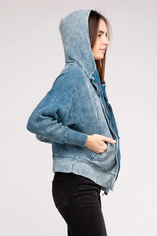 Hanna Acid Wash Hooded Jacket – Waffle Knit, Zip-Up, Casual Style