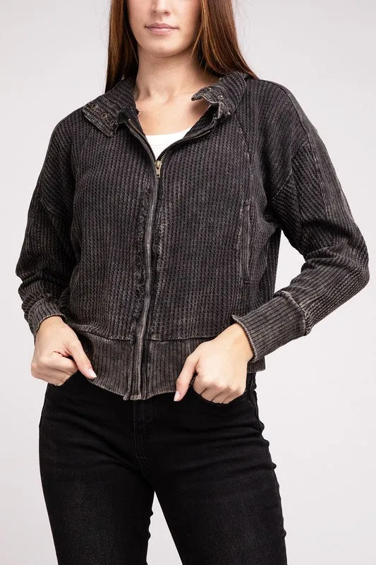 Hanna Acid Wash Hooded Jacket – Waffle Knit, Zip-Up, Casual Style