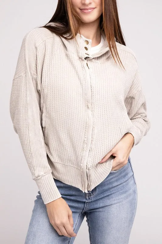 Hanna Acid Wash Hooded Jacket – Waffle Knit, Zip-Up, Casual Style