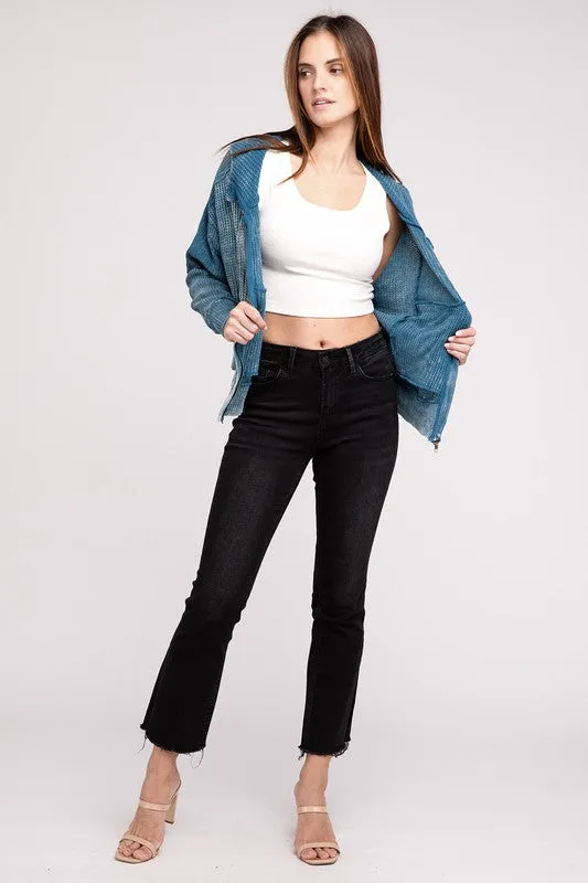 Hanna Acid Wash Hooded Jacket – Waffle Knit, Zip-Up, Casual Style