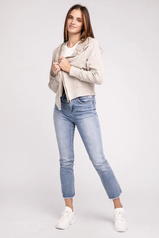 Hanna Acid Wash Hooded Jacket – Waffle Knit, Zip-Up, Casual Style