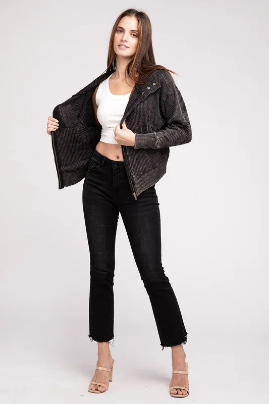 Hanna Acid Wash Hooded Jacket – Waffle Knit, Zip-Up, Casual Style