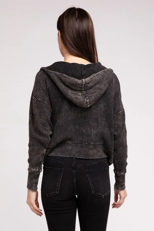 Hanna Acid Wash Hooded Jacket – Waffle Knit, Zip-Up, Casual Style