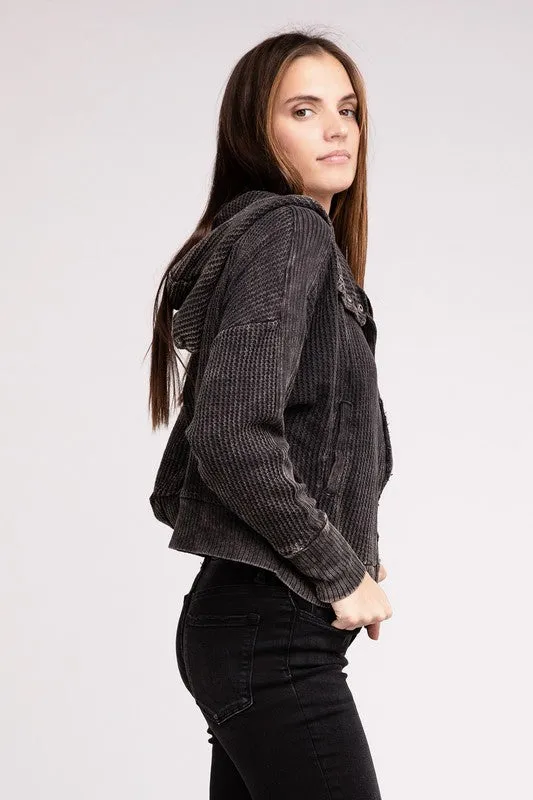 Hanna Acid Wash Hooded Jacket – Waffle Knit, Zip-Up, Casual Style