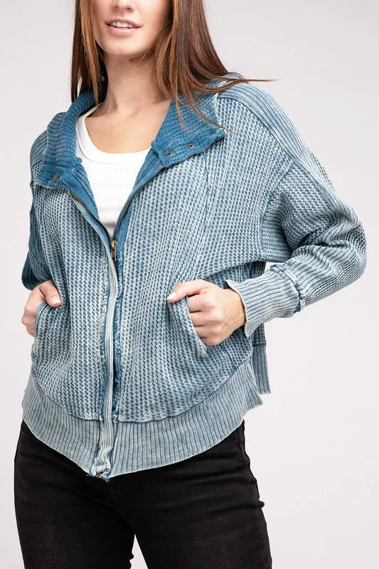 Hanna Acid Wash Hooded Jacket – Waffle Knit, Zip-Up, Casual Style
