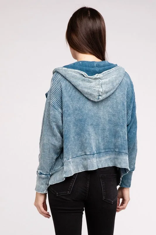 Hanna Acid Wash Hooded Jacket – Waffle Knit, Zip-Up, Casual Style