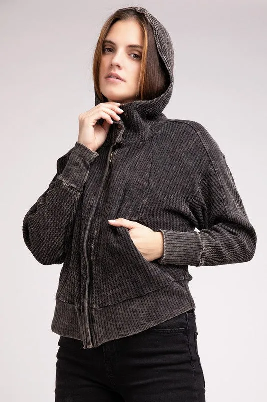 Hanna Acid Wash Hooded Jacket – Waffle Knit, Zip-Up, Casual Style