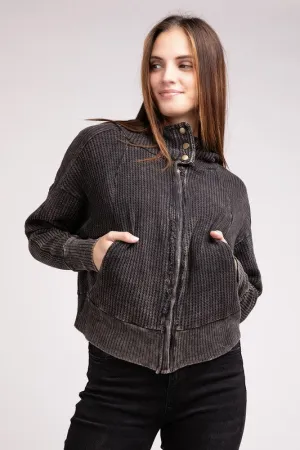 Hanna Acid Wash Hooded Jacket – Waffle Knit, Zip-Up, Casual Style