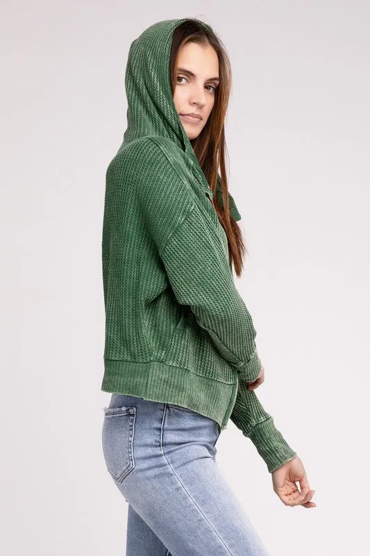 Hanna Acid Wash Hooded Jacket – Waffle Knit, Zip-Up, Casual Style