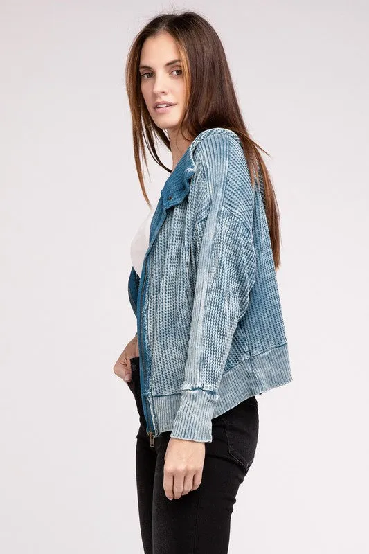 Hanna Acid Wash Hooded Jacket – Waffle Knit, Zip-Up, Casual Style