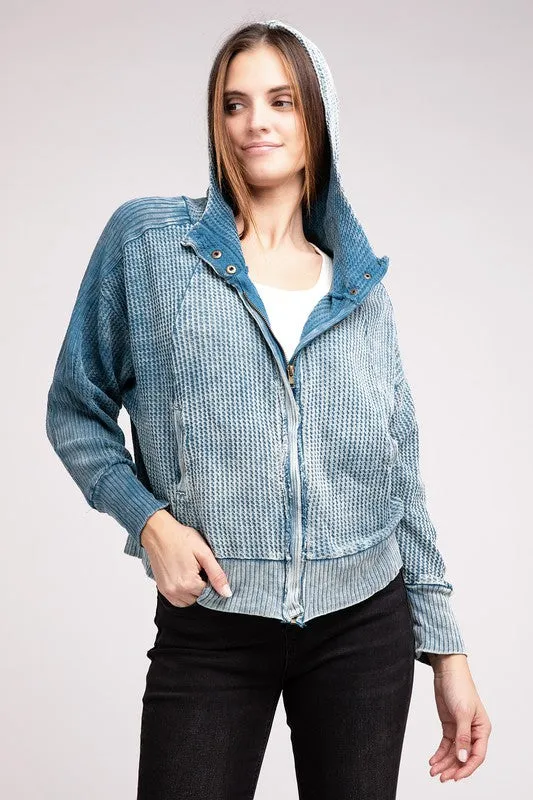 Hanna Acid Wash Hooded Jacket – Waffle Knit, Zip-Up, Casual Style