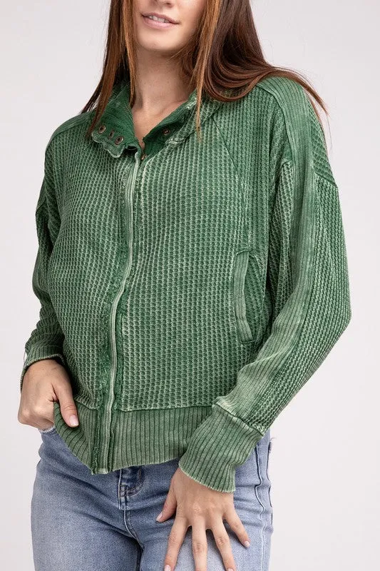 Hanna Acid Wash Hooded Jacket – Waffle Knit, Zip-Up, Casual Style
