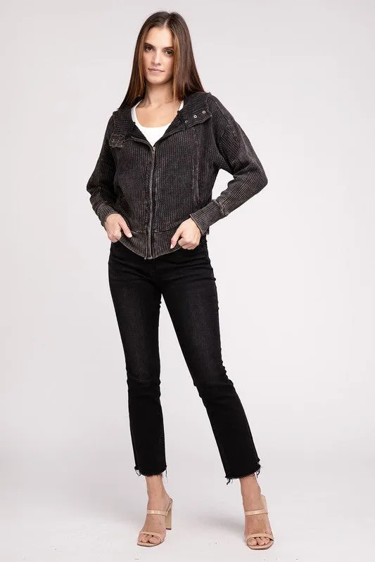 Hanna Acid Wash Hooded Jacket – Waffle Knit, Zip-Up, Casual Style