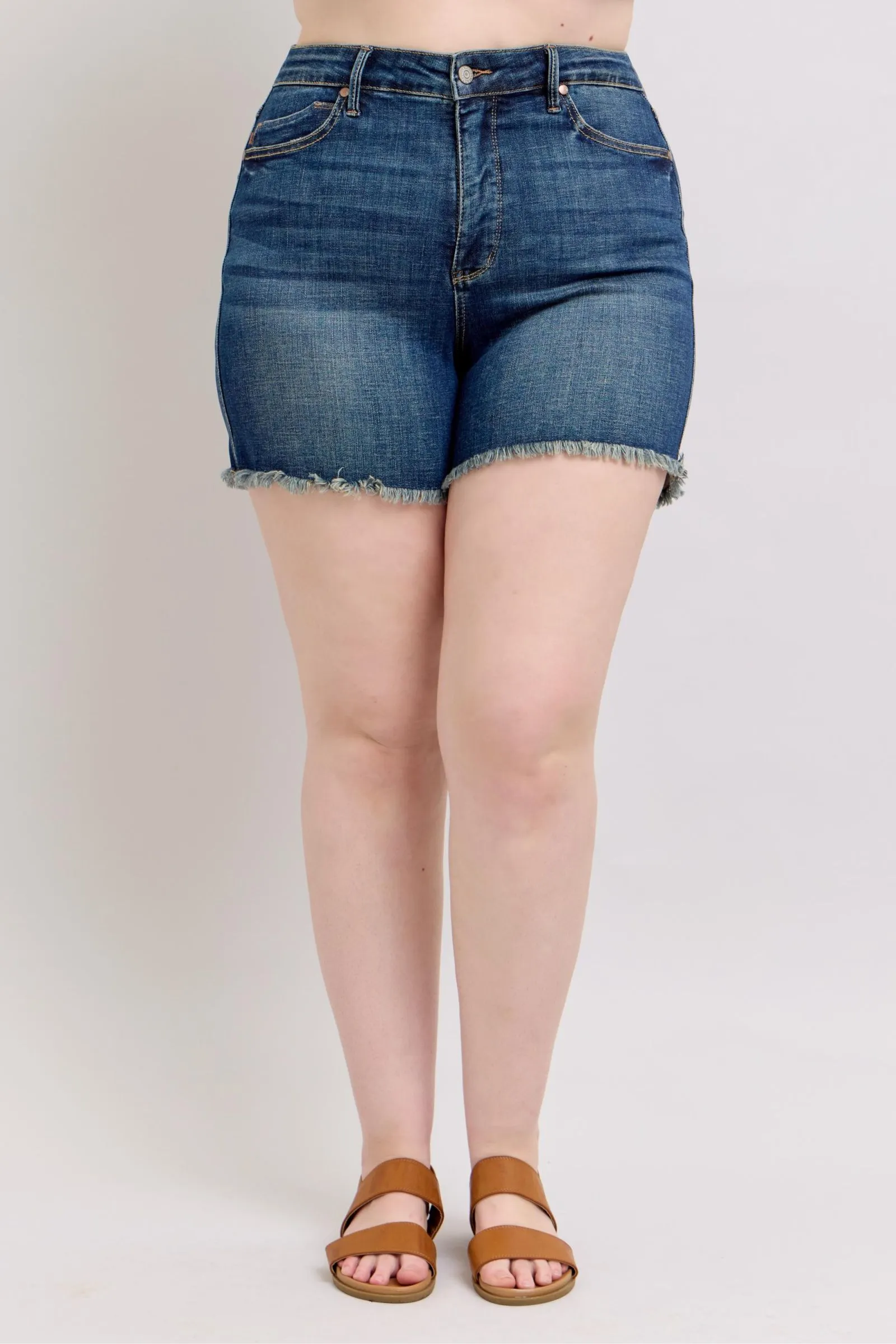 Hazel Blues® |  Judy Blue Tummy Control Fray Hem & Shield Back Pockets Denim Shorts