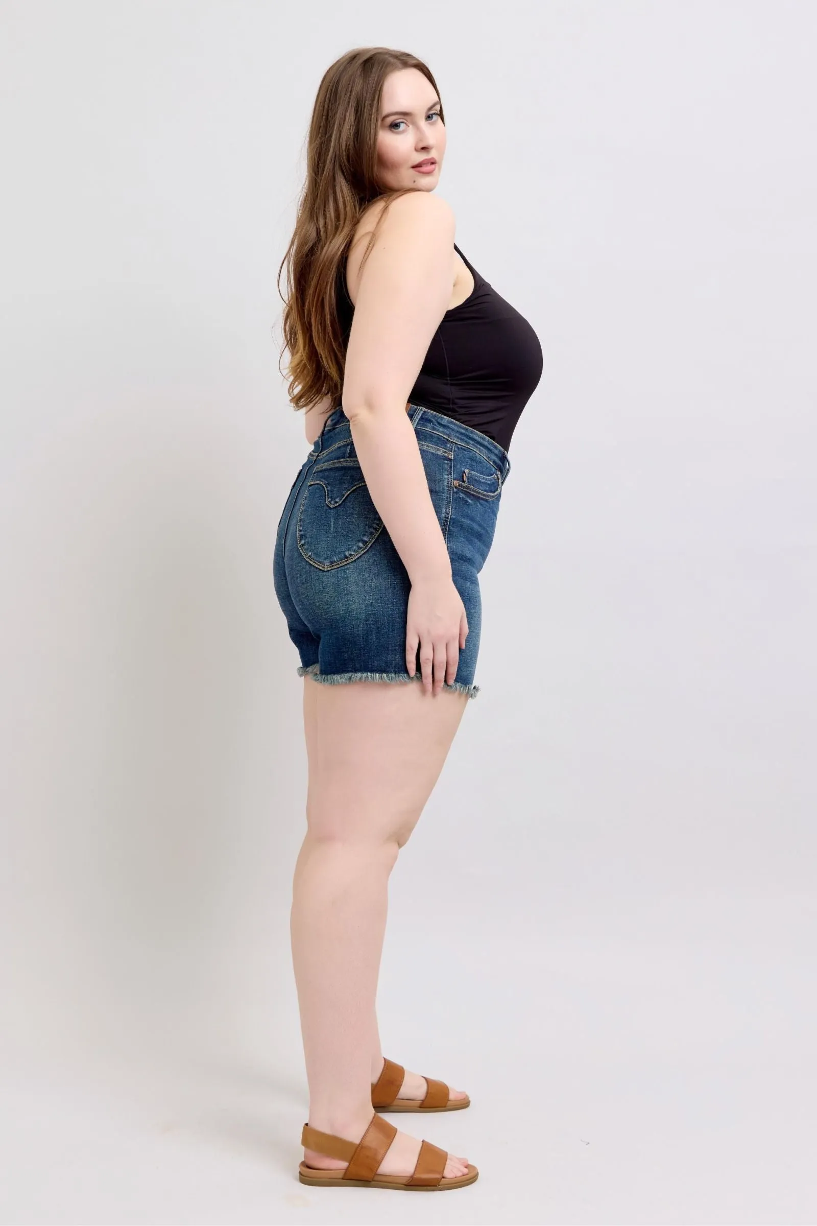 Hazel Blues® |  Judy Blue Tummy Control Fray Hem & Shield Back Pockets Denim Shorts