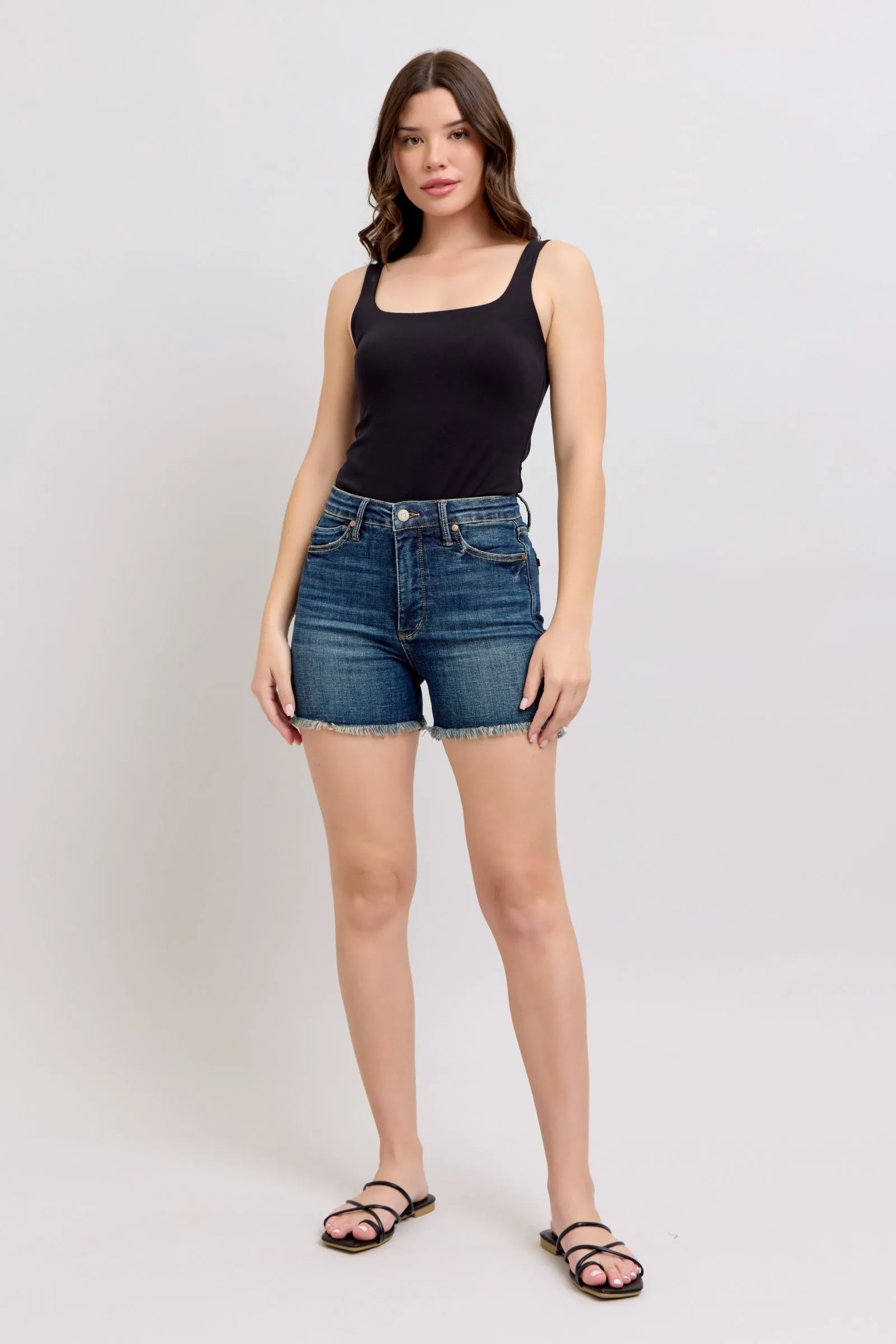 Hazel Blues® |  Judy Blue Tummy Control Fray Hem & Shield Back Pockets Denim Shorts