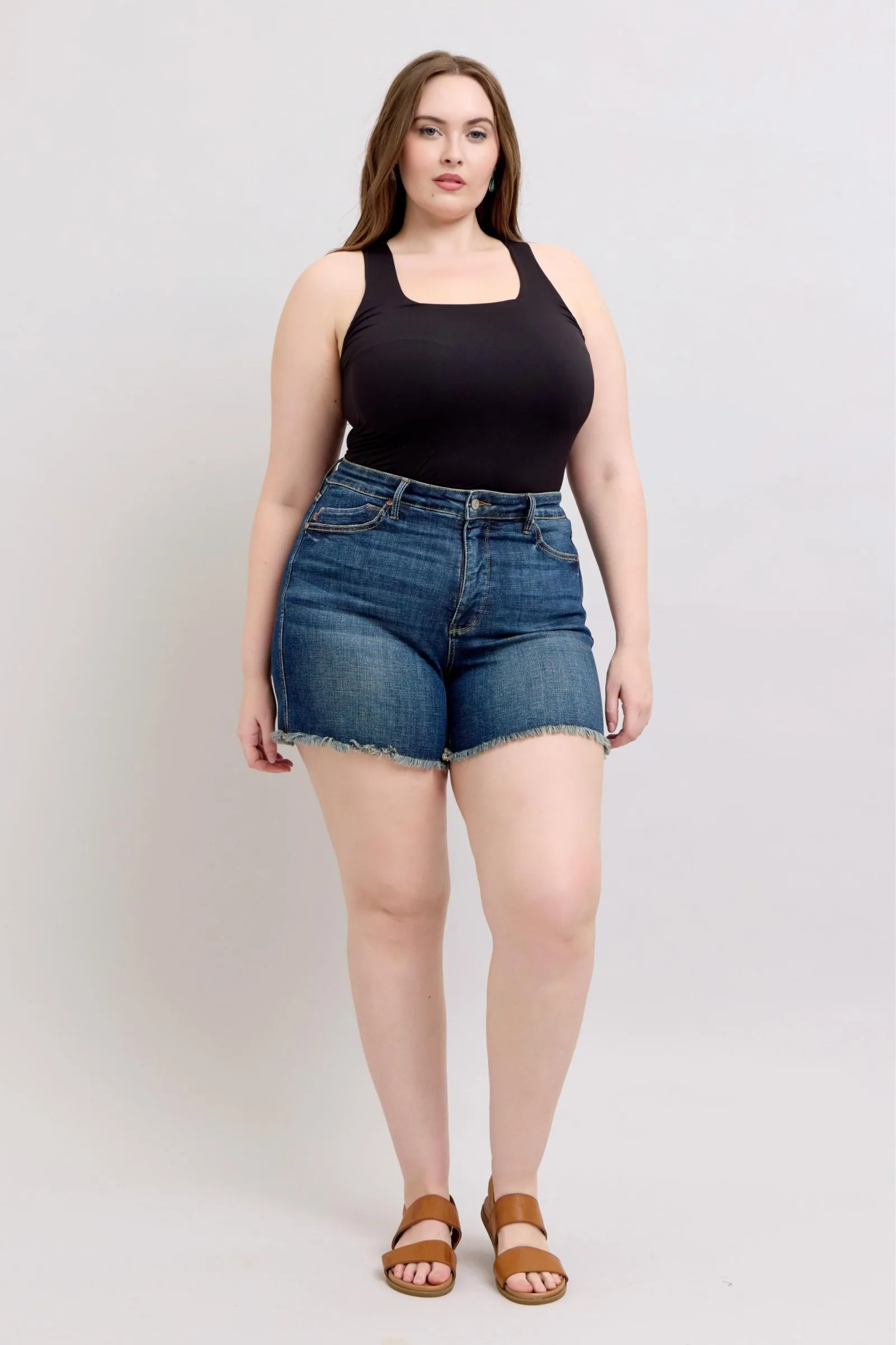 Hazel Blues® |  Judy Blue Tummy Control Fray Hem & Shield Back Pockets Denim Shorts