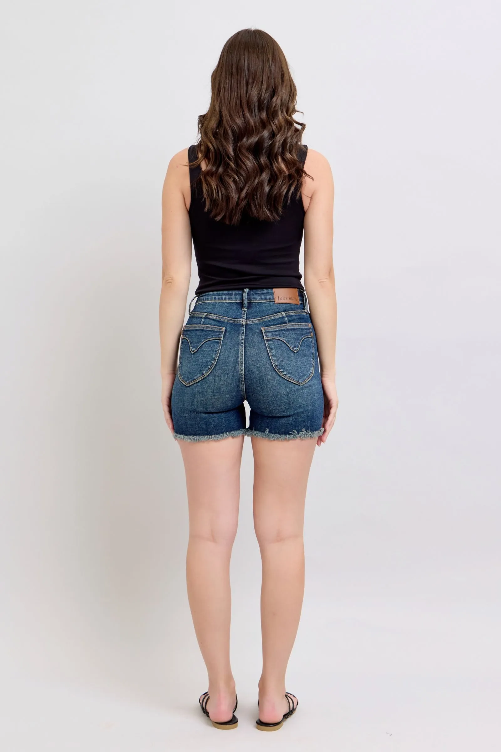 Hazel Blues® |  Judy Blue Tummy Control Fray Hem & Shield Back Pockets Denim Shorts